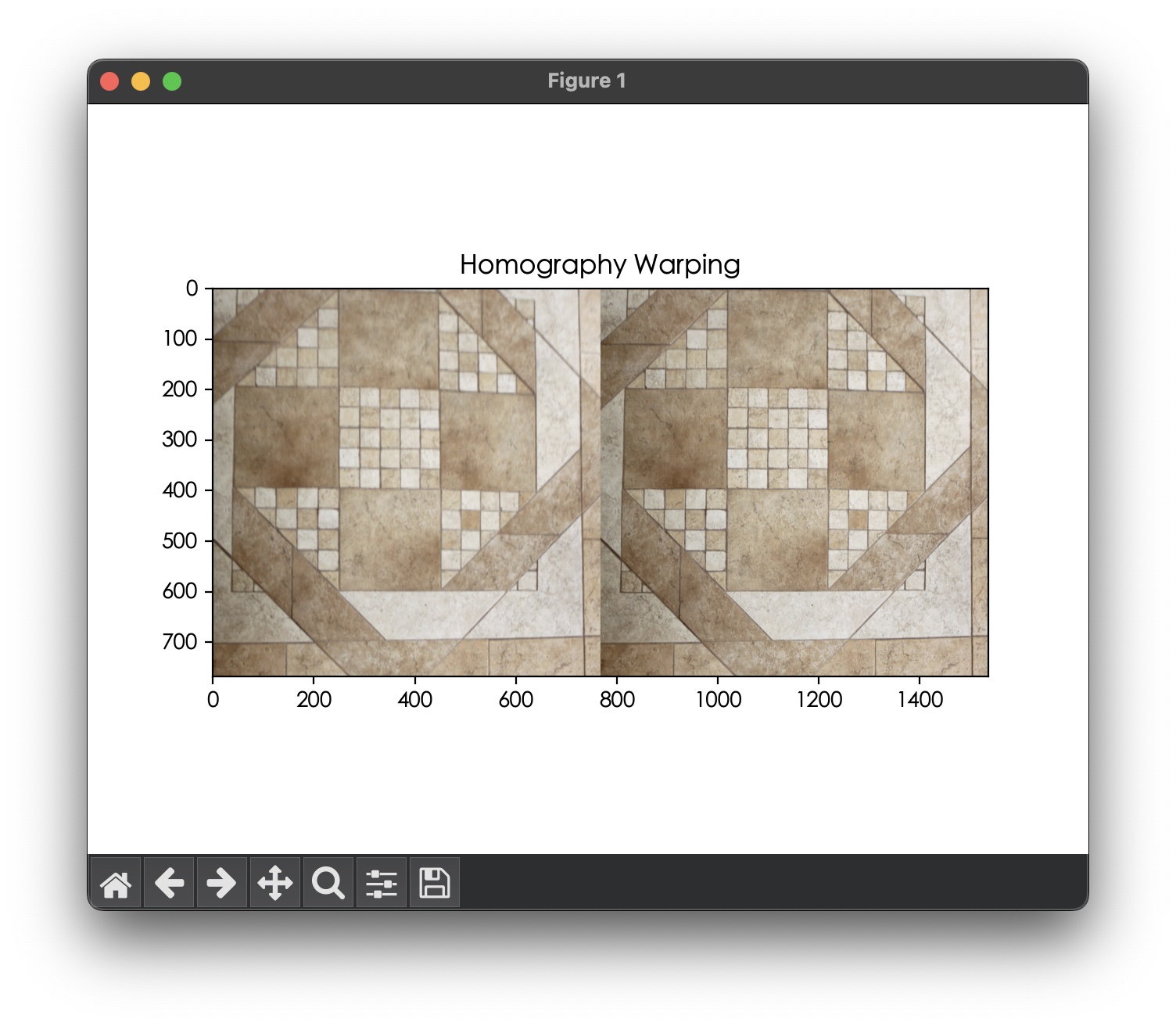Homography Warping 結果：左右並排兩張磁磚地板圖片，圖案、透視角度與拼接紋理幾乎完全一致，顯示來源圖片經過 H 矩陣轉換後成功還原成目標圖片的視角。
