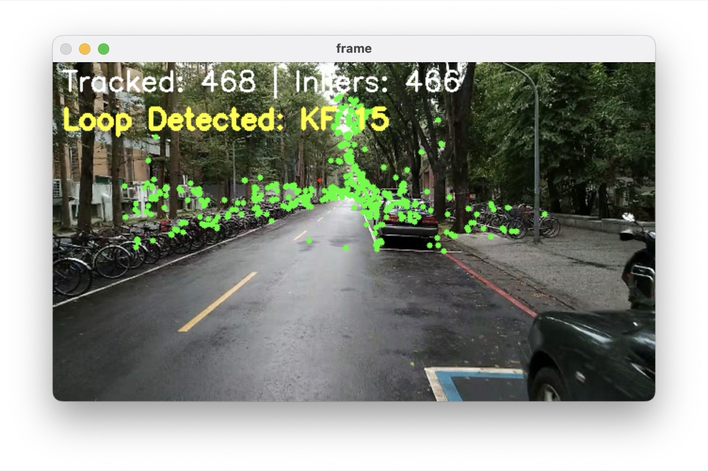 街道場景畫面，畫面左上角文字顯示 Tracked: 468、Inliers: 466，並以黃色文字顯示 Loop Detected: KF 15，畫面中散布大量綠色特徵點標記在路樹、腳踏車與道路上。